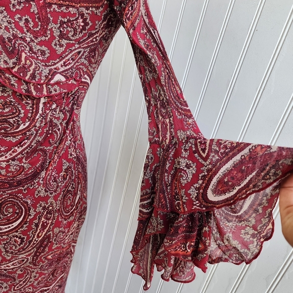 Express Red Paisley 100% silk Ruffle neck Flounch Sleeves Cinch Waist Dress 1/ 2 - Picture 4 of 14